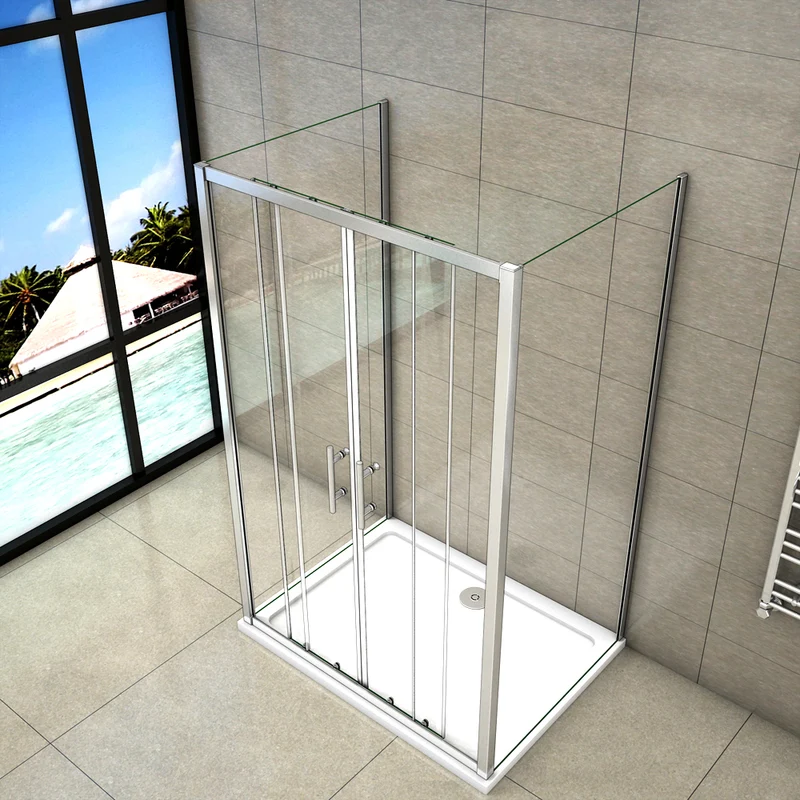 Aica cabine de douche en U, une porte de douche coulissante et 2 paroi fixes, verre de sécurité transparent