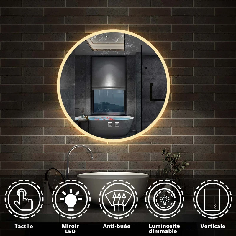 AICA Sanitaire Miroir rond de Salle de Bain avec Anti-buée + LED 2700K-6500K avec lumière et luminosité réglables Ø60cm double interrupteur tactile