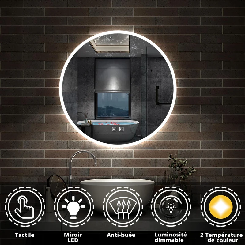 AICA Sanitaire Miroir rond de Salle de Bain avec Anti-buée + LED 2700K-6500K avec lumière et luminosité réglables Ø60cm double interrupteur tactile