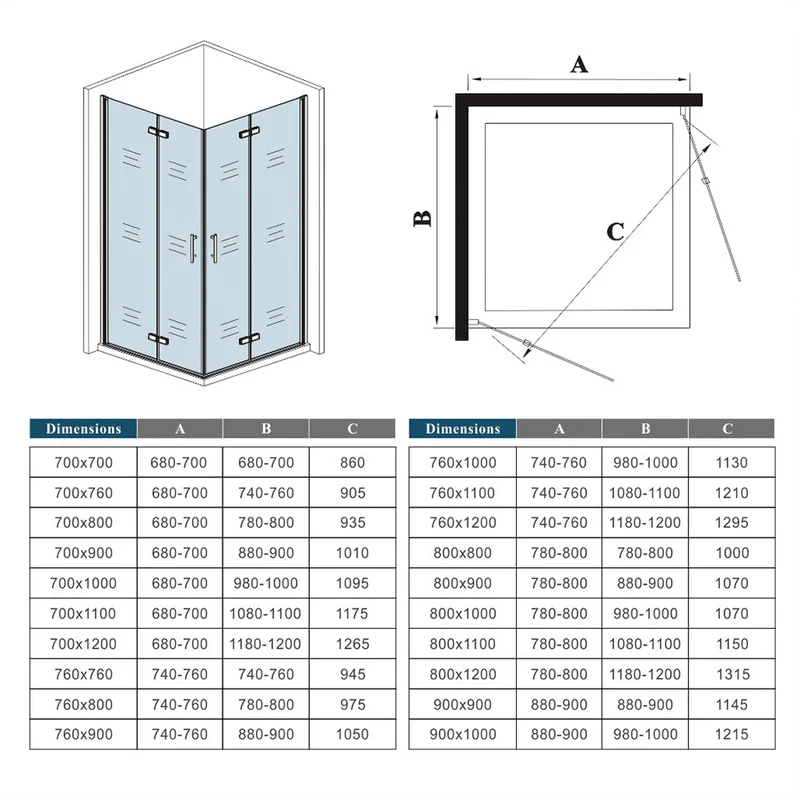 AICA cabine de douche pliante 185 ou 195cm avec un receveur de douche