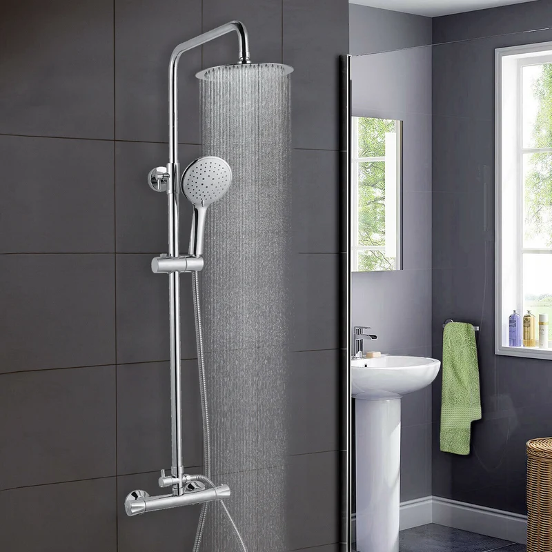 Colonne de Douche Thermostatiaue avec 1.5M Tuyau de Douche en Acier Inoxyable Le Robinet Rmostatic et Chrome Lumineux