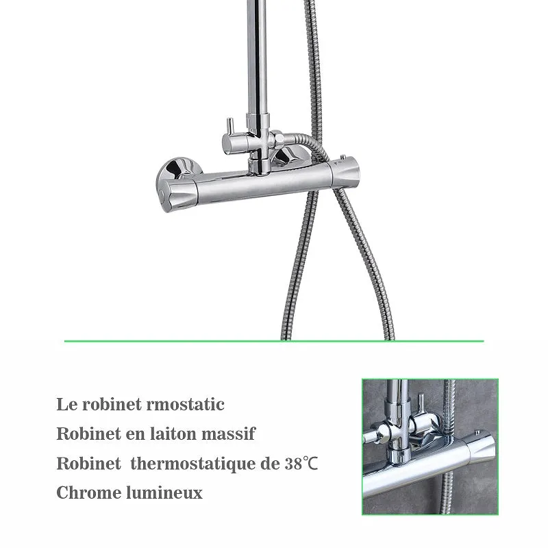 Colonne de Douche Thermostatiaue avec 1.5M Tuyau de Douche en Acier Inoxyable Le Robinet Rmostatic et Chrome Lumineux
