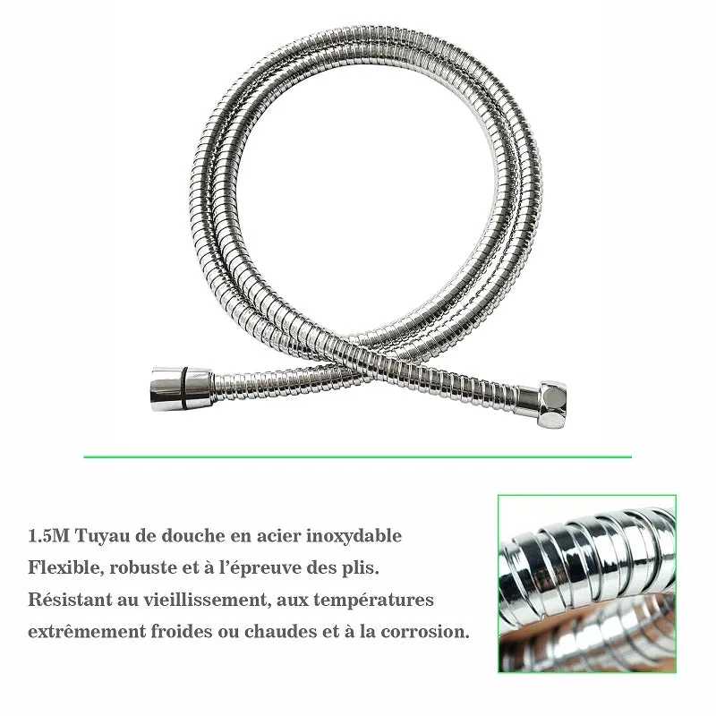Colonne de Douche Thermostatiaue avec 1.5M Tuyau de Douche en Acier Inoxyable Le Robinet Rmostatic et Chrome Lumineux