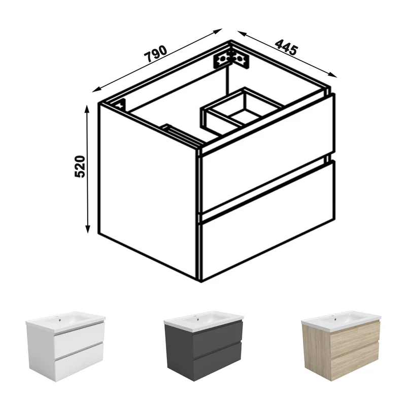 Meuble de salle de bain, Meuble de rangement avec lavabo, Meuble sous vasque suspendu, Blanc/Anthracite/Bois clair 79cm
