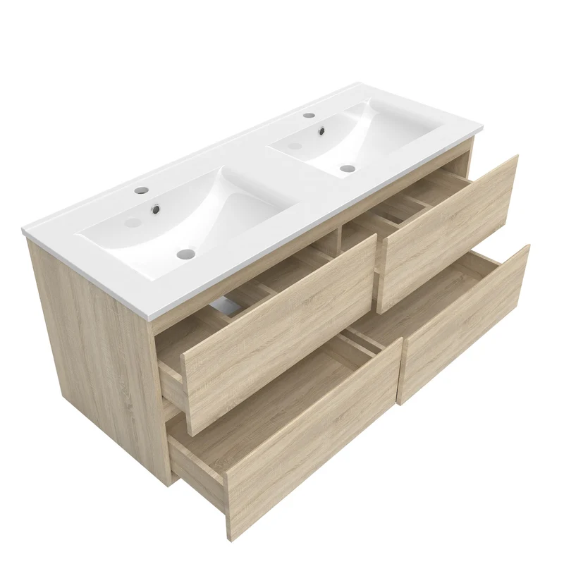 Meuble de salle de bain, Meuble de rangement avec lavabo, Meuble sous vasque suspendu, Blanc/Anthracite/Bois clair 120cm