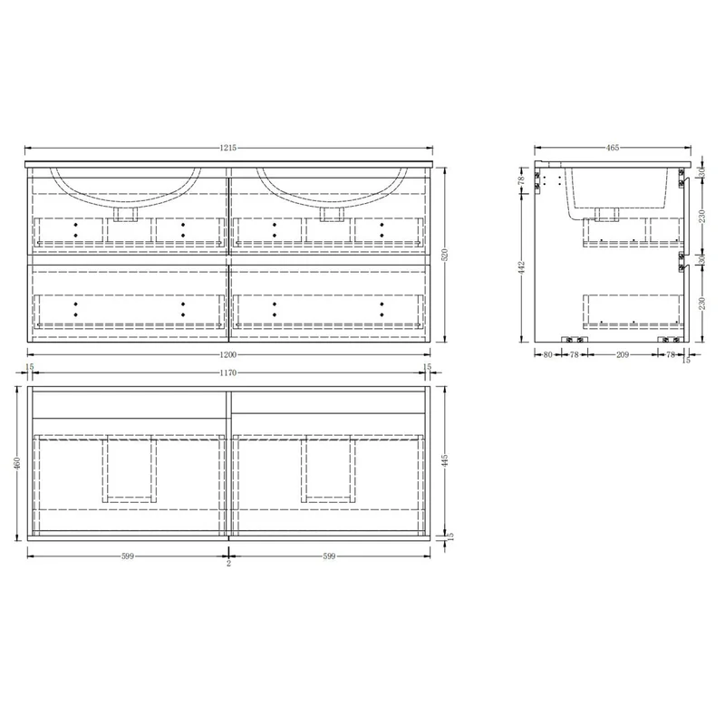 Meuble de salle de bain, Meuble de rangement avec lavabo, Meuble sous vasque suspendu, Blanc/Anthracite/Bois clair 120cm