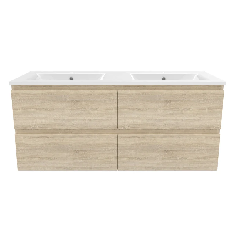 Meuble de salle de bain, Meuble de rangement avec lavabo, Meuble sous vasque suspendu, Blanc/Anthracite/Bois clair 120cm