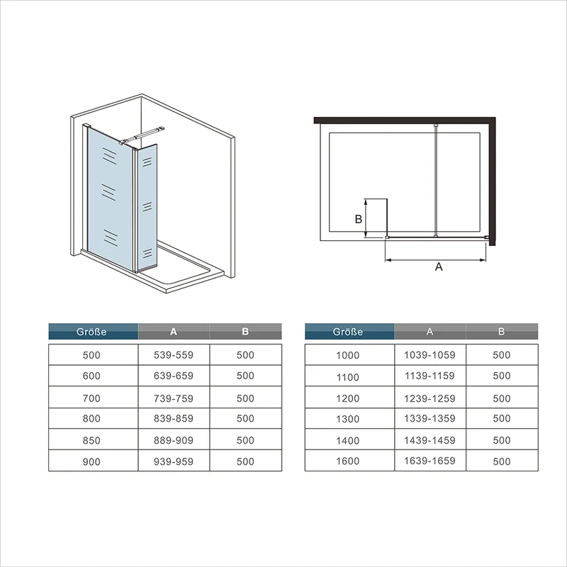 AICA paroi de douche 50-160cm avec un retour pivotant 50cm livré avec une barre de stabilisation extensible