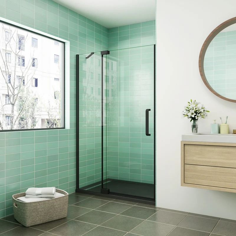 AICA porte de douche pivotante profilé noir 8mm verre anticalcaire installation en niche