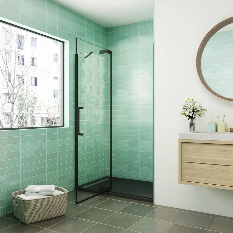 AICA porte de douche pivotante profilé noir 8mm verre anticalcaire installation en niche