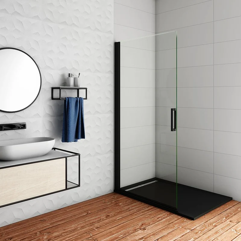 Aica paroi de douche pivotante 76/86/96x200cm en 8mm verre anticalcaire profilé noir mat
