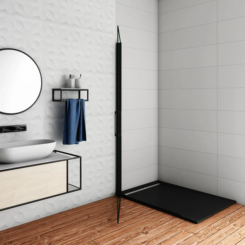 Aica paroi de douche pivotante 76/86/96x200cm en 8mm verre anticalcaire profilé noir mat