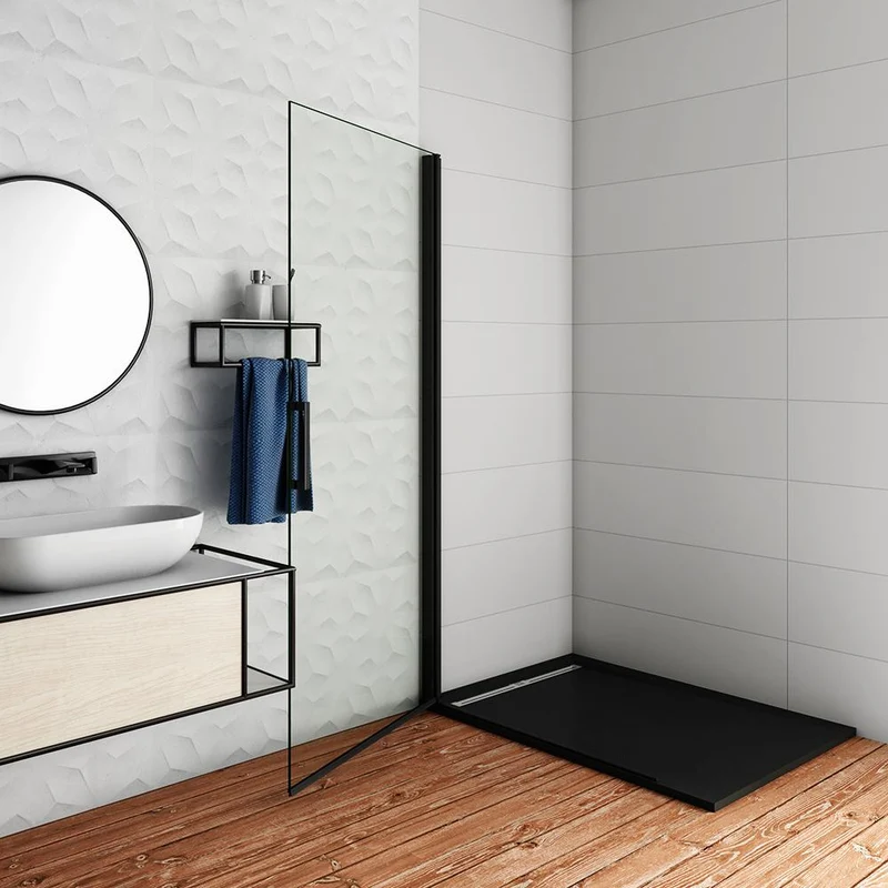 Aica paroi de douche pivotante 76/86/96x200cm en 8mm verre anticalcaire profilé noir mat
