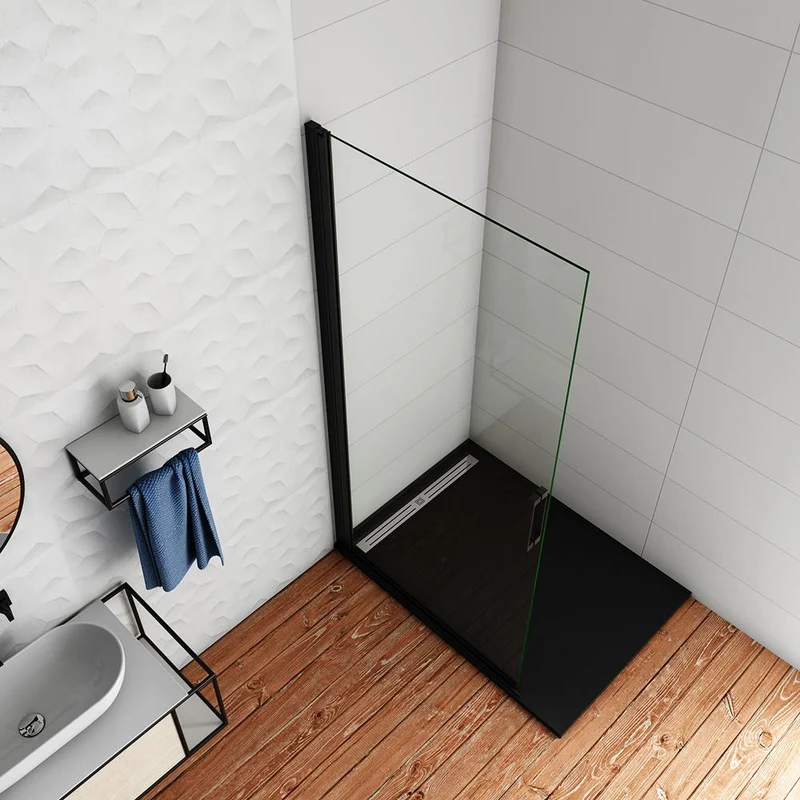 Aica paroi de douche pivotante 76/86/96x200cm en 8mm verre anticalcaire profilé noir mat