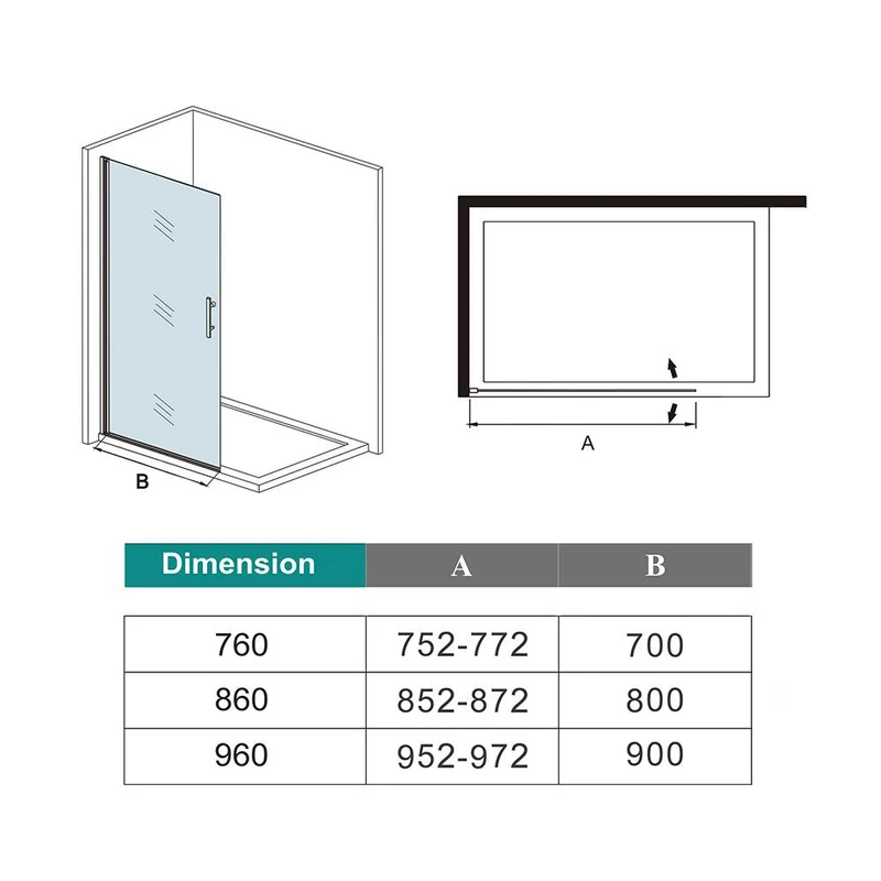 Aica paroi de douche pivotante 76/86/96x200cm en 8mm verre anticalcaire profilé noir mat