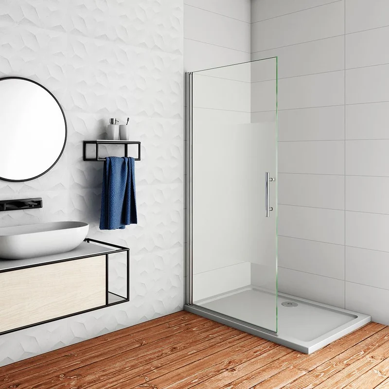 Aica paroi de douche pivotante 65-95x185cm en 6mm verre sablé au centre et anticalcaire installation à gauche
