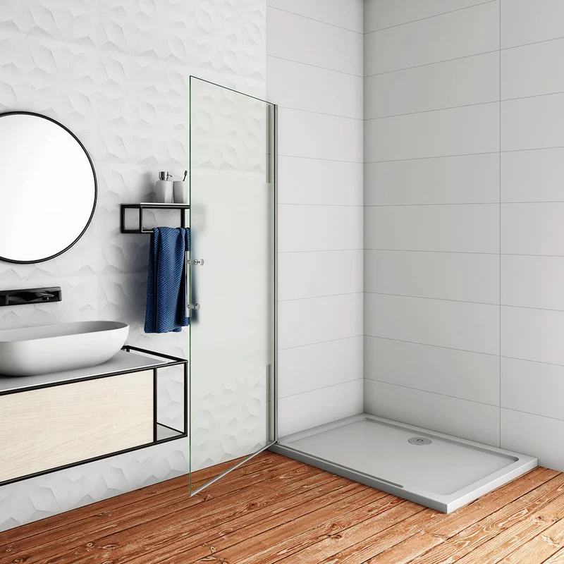 Aica paroi de douche pivotante 65-95x185cm en 6mm verre sablé au centre et anticalcaire installation à gauche