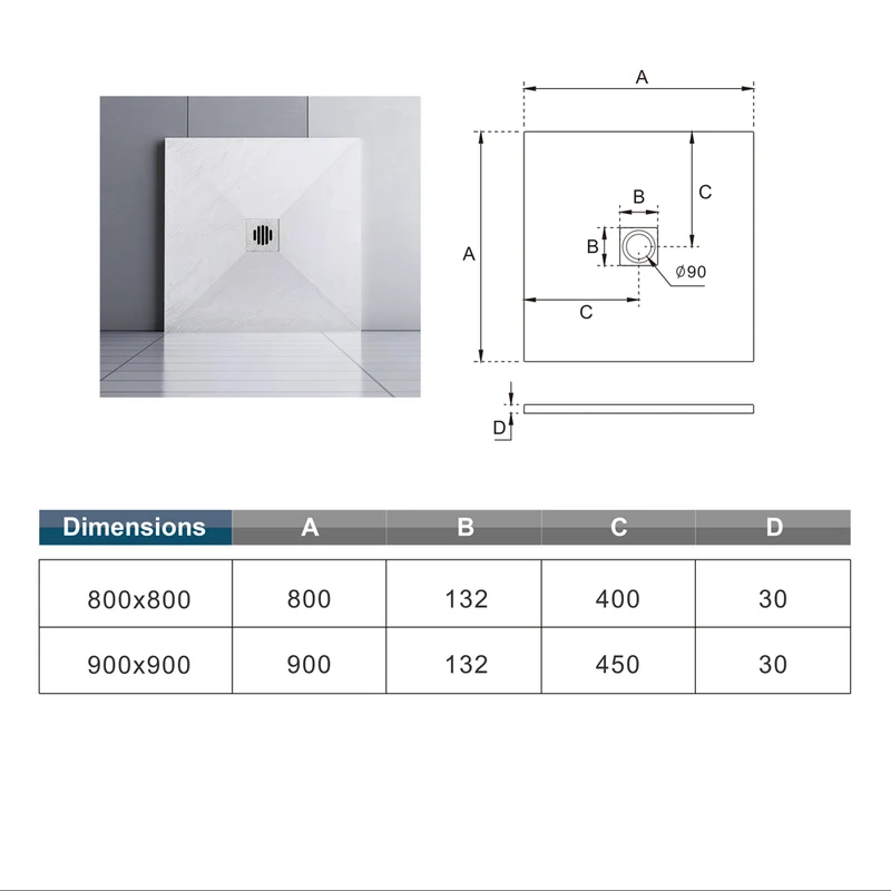 Aica receveur de douche carré / rectangulaire Extra plat Blanc antidérapant avec une grille en ABS