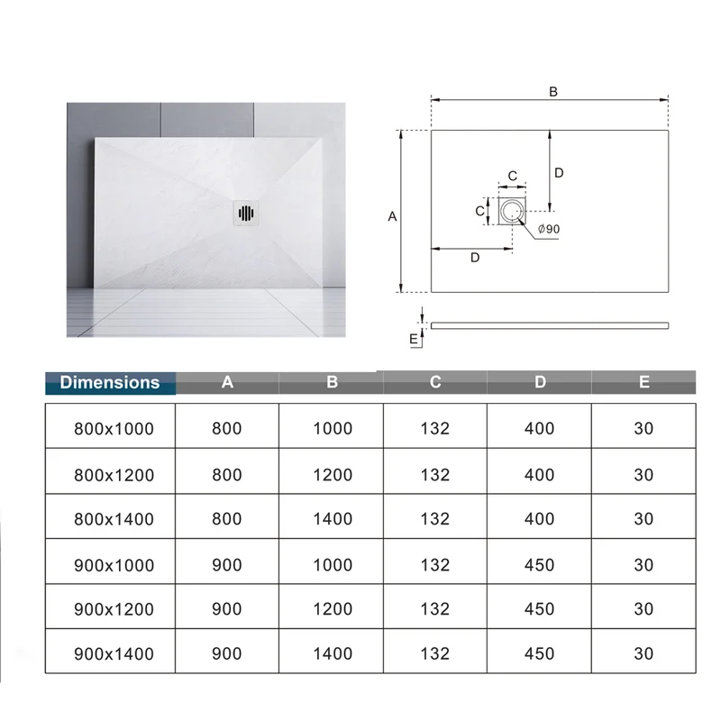 Aica receveur de douche carré / rectangulaire Extra plat Blanc antidérapant avec une grille en ABS