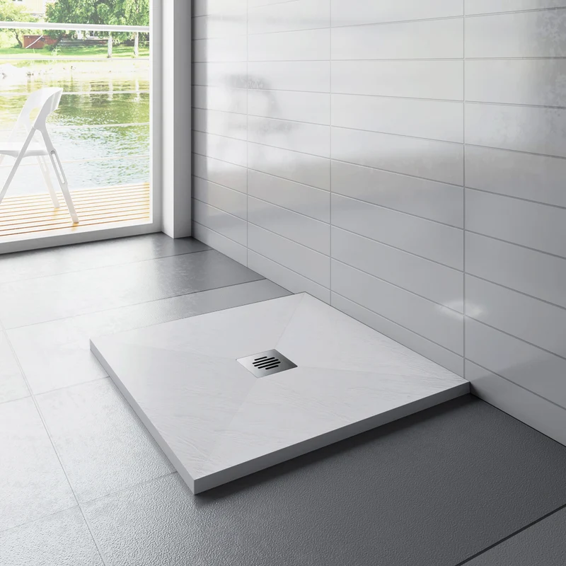 Aica receveur de douche carré / Rectangulaire Extra plat Blanc antidérapant avec une grille en inox