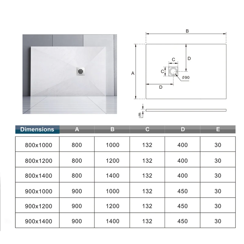 Aica receveur de douche carré / Rectangulaire Extra plat Blanc antidérapant avec une grille en inox