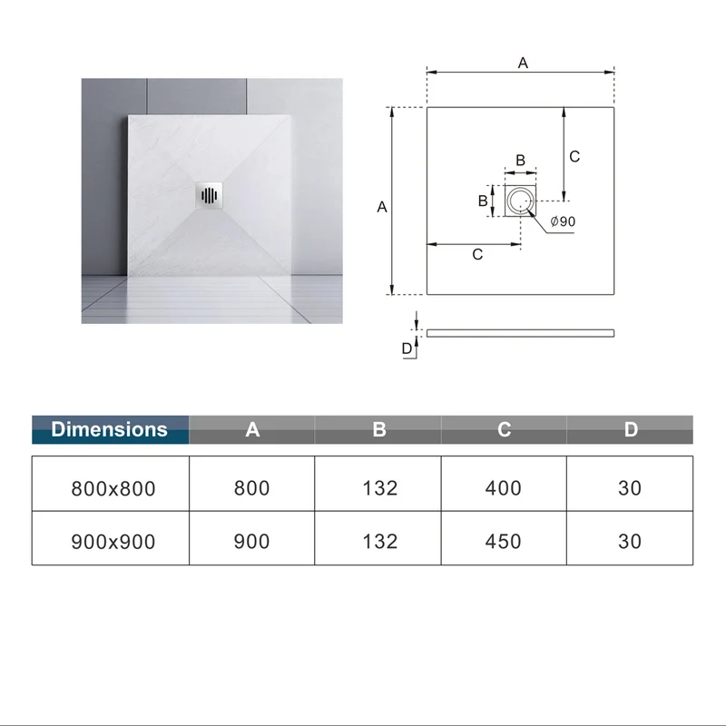 Aica receveur de douche carré / Rectangulaire Extra plat Blanc antidérapant avec une grille en inox