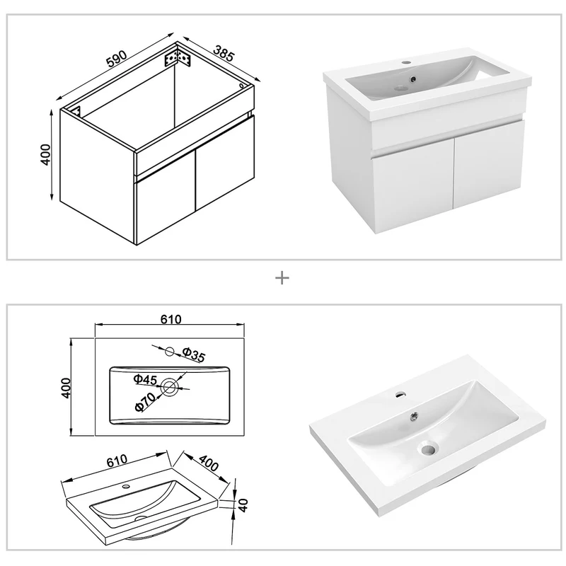 Meuble de salle de bain, Meuble de rangement avec lavabo, Meuble sous vasque suspendu, 59cm