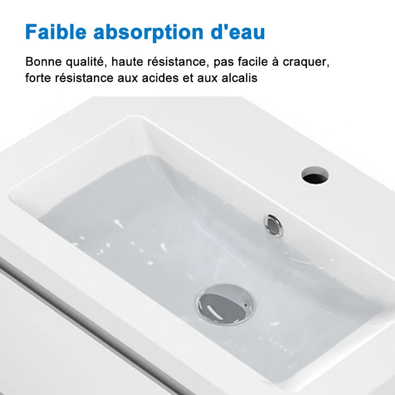 Meuble de salle de bain, Meuble de rangement avec lavabo, Meuble sous vasque suspendu, Blanc/Anthracite/Bois clair 60cm