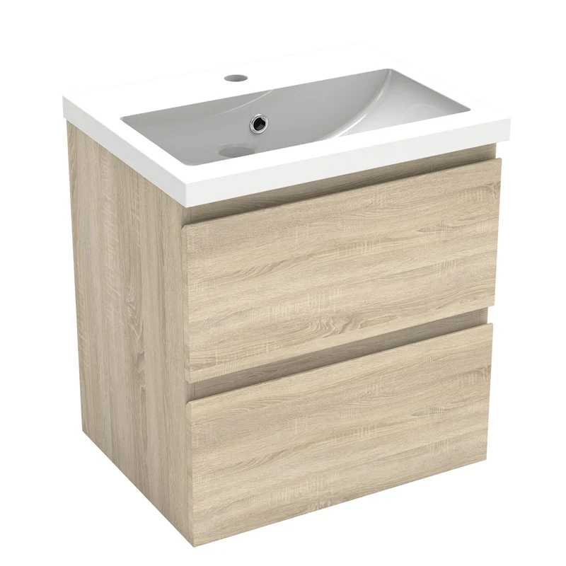 Meuble de salle de bain, Meuble de rangement avec lavabo, Meuble sous vasque suspendu, Blanc/Anthracite/Bois clair 50cm