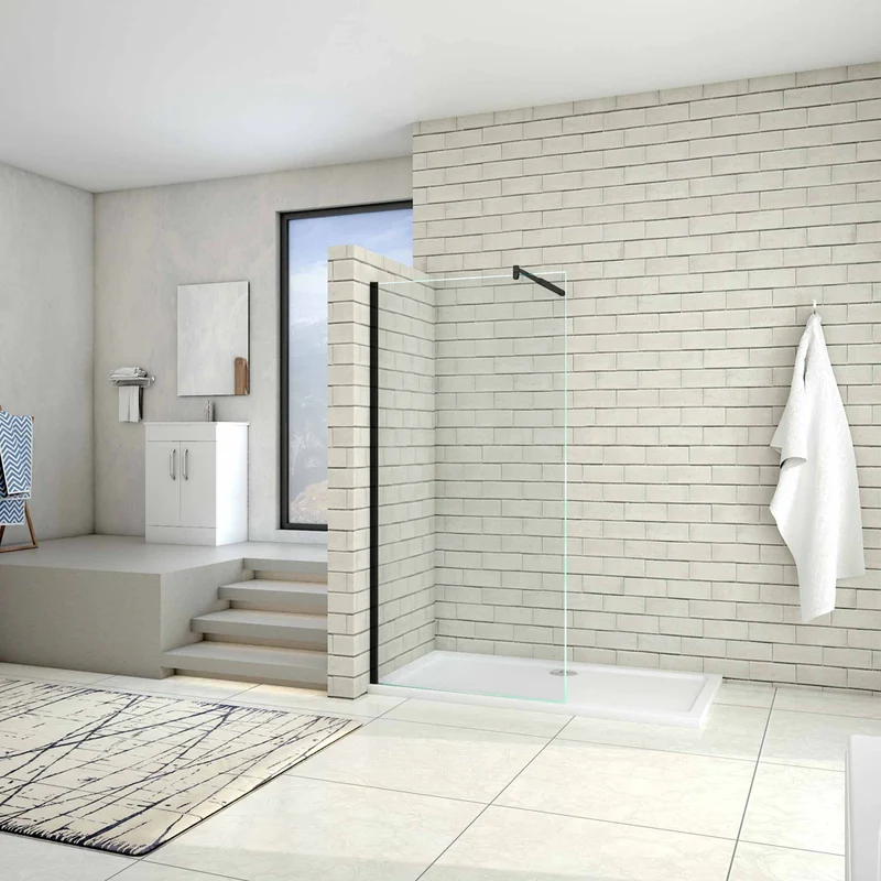 Aica Paroi de douche en noire mat paroi à l'italienne en 8mm verre anticalcaire avec une barre de stabilisation extensible en noire mat