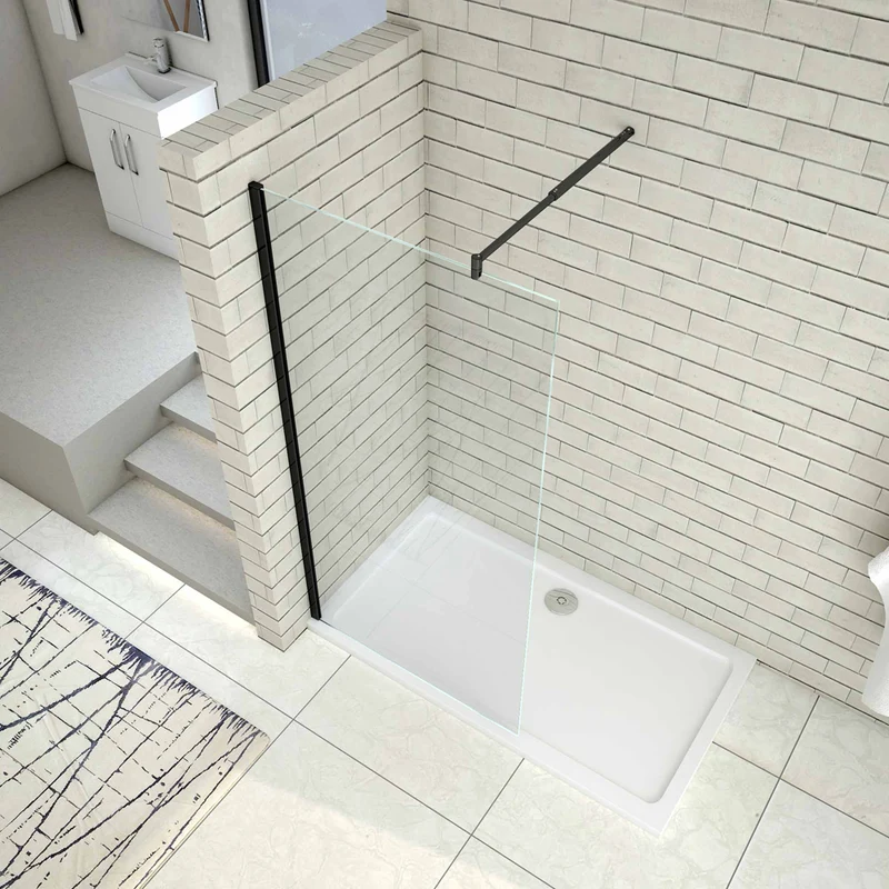 Aica Paroi de douche en noire mat paroi à l'italienne en 8mm verre anticalcaire avec une barre de stabilisation extensible en noire mat