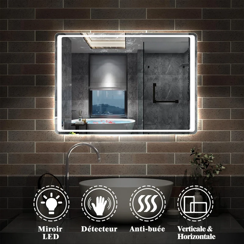 Miroir pour salle de bain, illumination LED, éclairage intégré, avec fonction anti-buée/interrupteur infrarouge 80cm 90cm 100cm