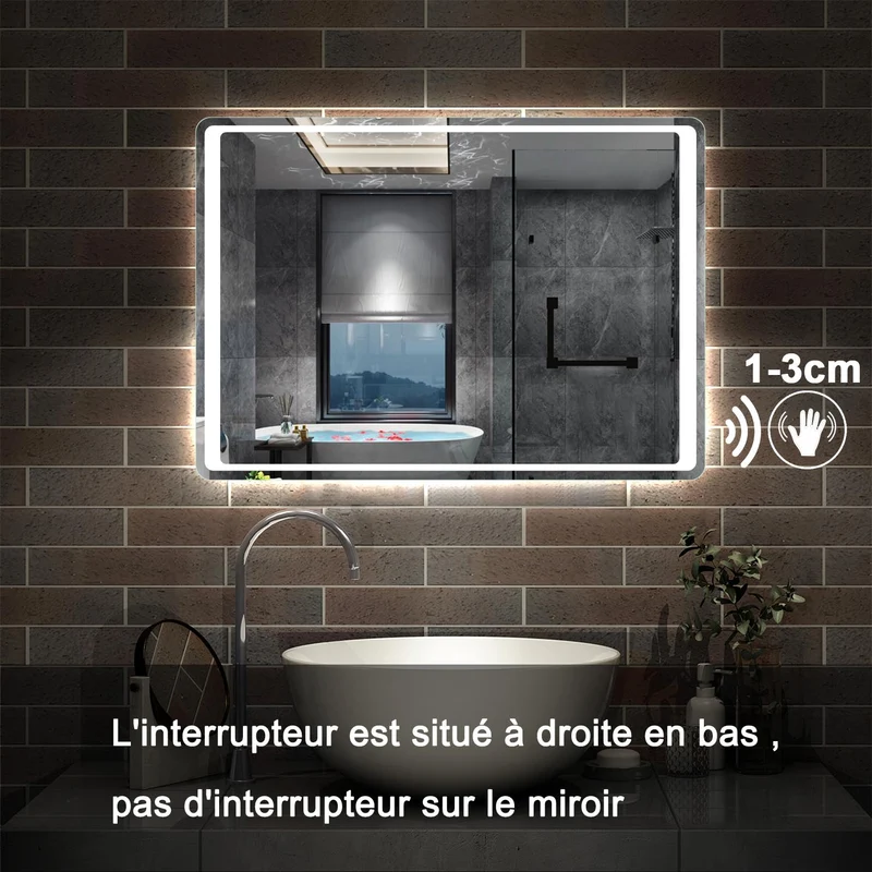 Miroir pour salle de bain, illumination LED, éclairage intégré, avec fonction anti-buée/interrupteur infrarouge 80cm 90cm 100cm