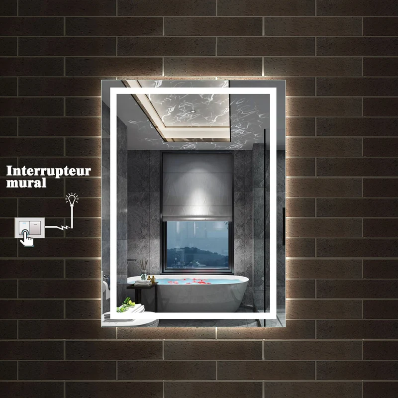 Miroir de salle de bain avec interrupteur mural et anti-buée