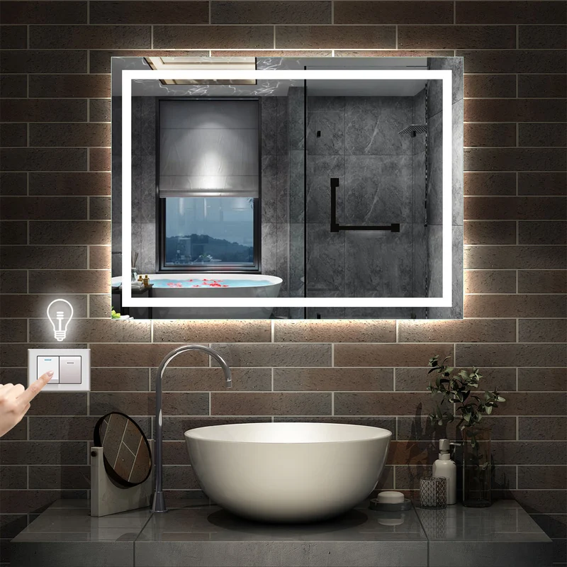 Miroir de salle de bain avec interrupteur mural et anti-buée