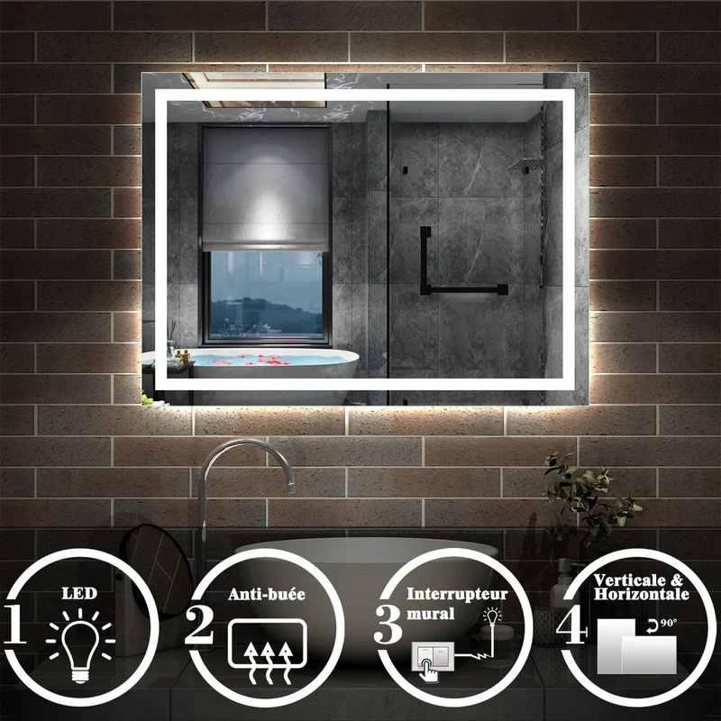 Miroir de salle de bain avec interrupteur mural et anti-buée