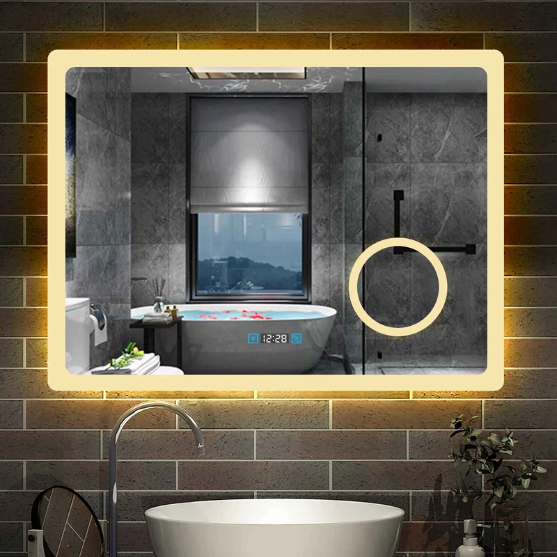 Miroir 80/100/120/140/160cm multifonctionnel avec 3 couleur LED réglable + antibuée +Horloge numérique+Miroir grossissant