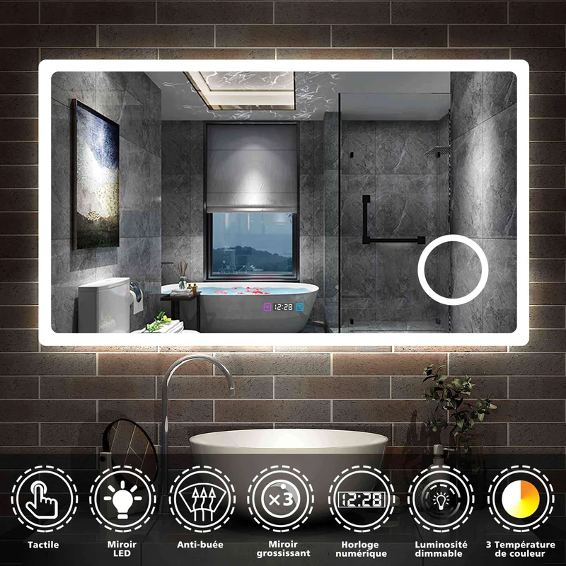 Miroir 80/100/120/140/160cm multifonctionnel avec 3 couleur LED réglable + antibuée +Horloge numérique+Miroir grossissant