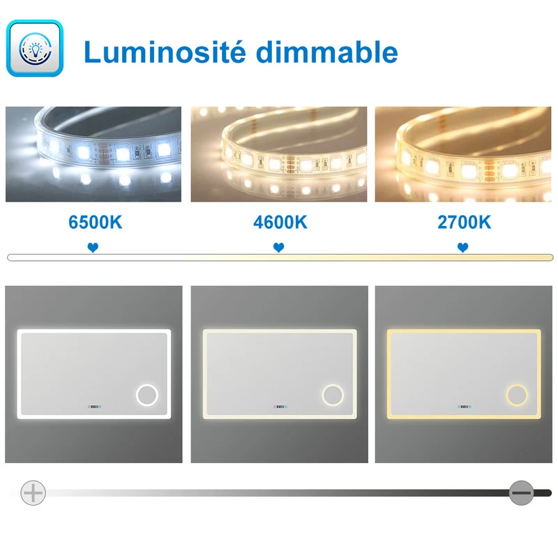 Miroir 80/100/120/140/160cm multifonctionnel avec 3 couleur LED réglable + antibuée +Horloge numérique+Miroir grossissant