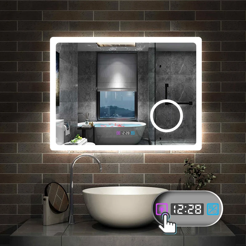 Miroir 80/100/120/140/160cm multifonctionnel avec 3 couleur LED réglable + antibuée +Horloge numérique+Miroir grossissant