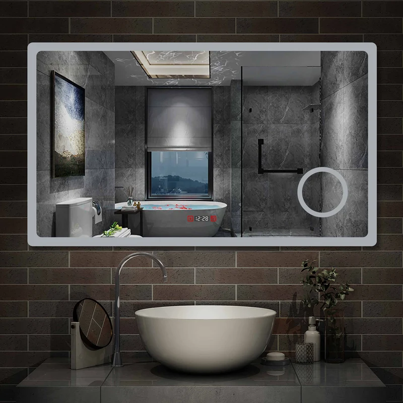 Miroir 80/100/120/140/160cm multifonctionnel avec 3 couleur LED réglable + antibuée +Horloge numérique+Miroir grossissant