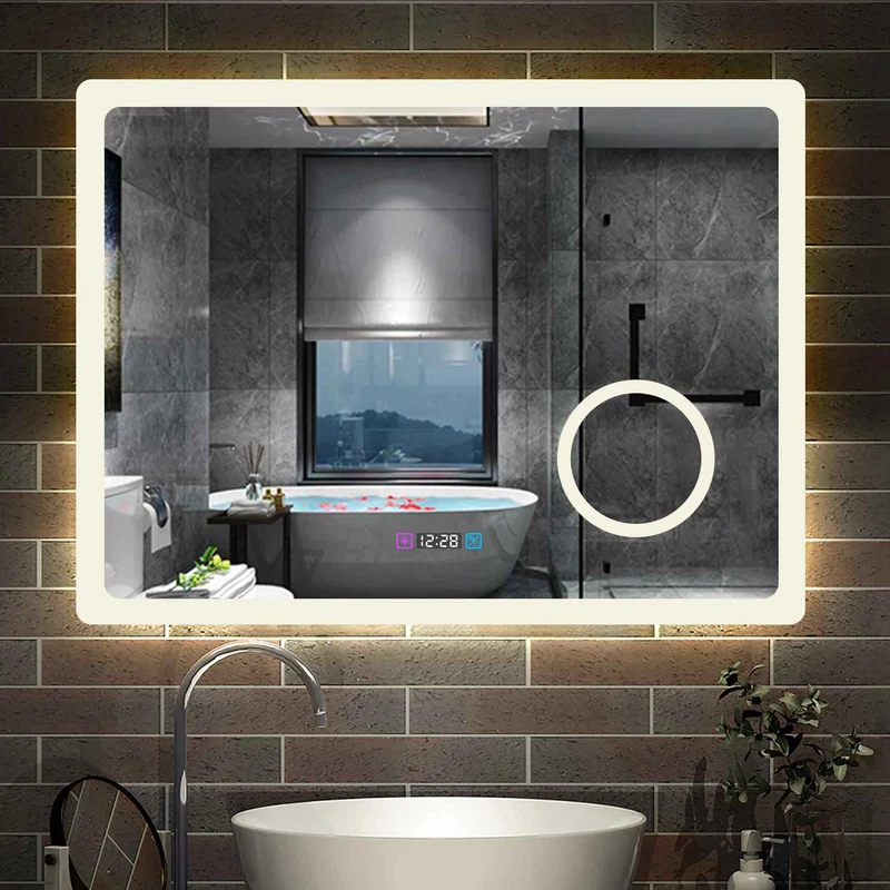 Miroir 80/100/120/140/160cm multifonctionnel avec 3 couleur LED réglable + antibuée +Horloge numérique+Miroir grossissant