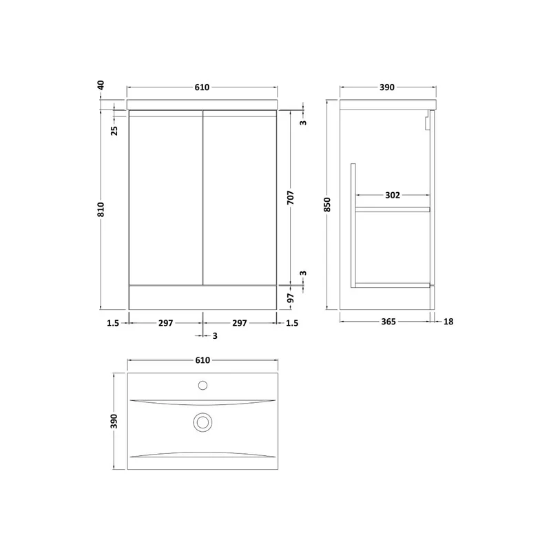 Hudson Reed Urban 600mm Floor Standing Vanity Unit & Mid-Edged Basin - Satin White URB108A