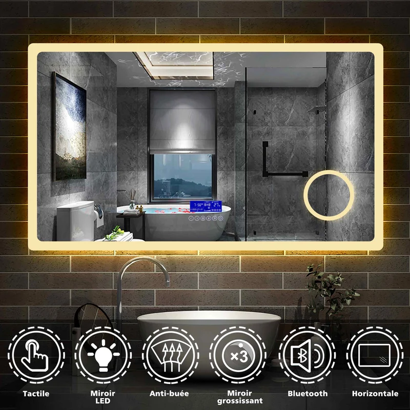 Miroir multifonctionnel avec 2 couleur LED réglable + antibuée +Bluetooth + Miroir grossissant