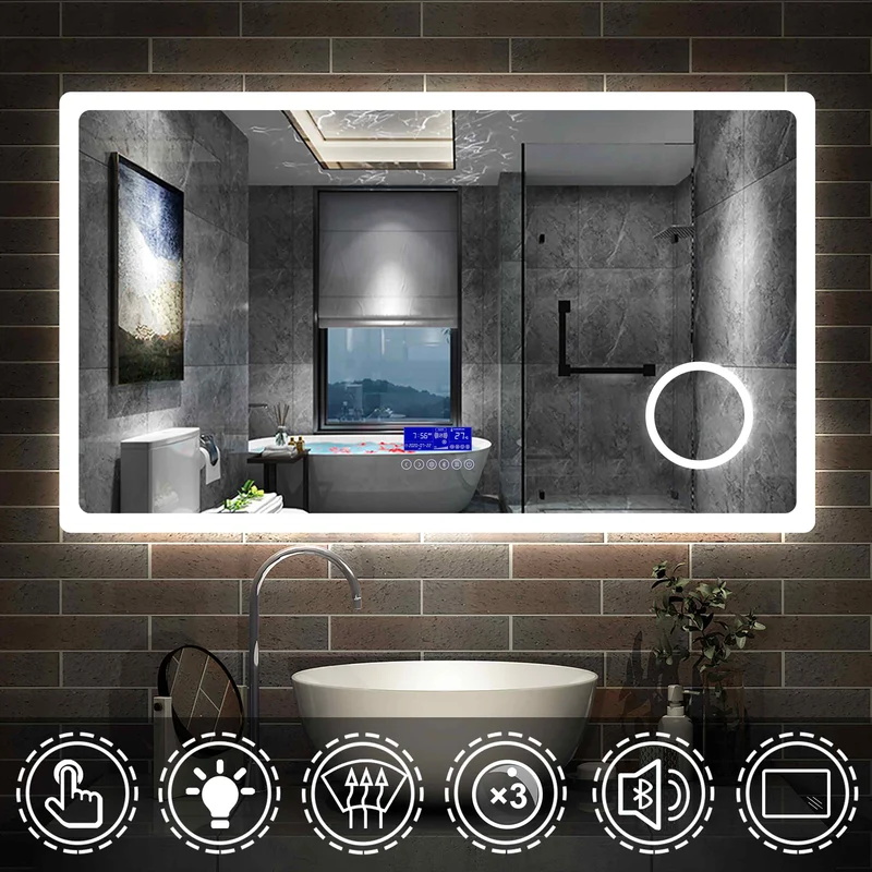 Miroir multifonctionnel avec 2 couleur LED réglable + antibuée +Bluetooth + Miroir grossissant