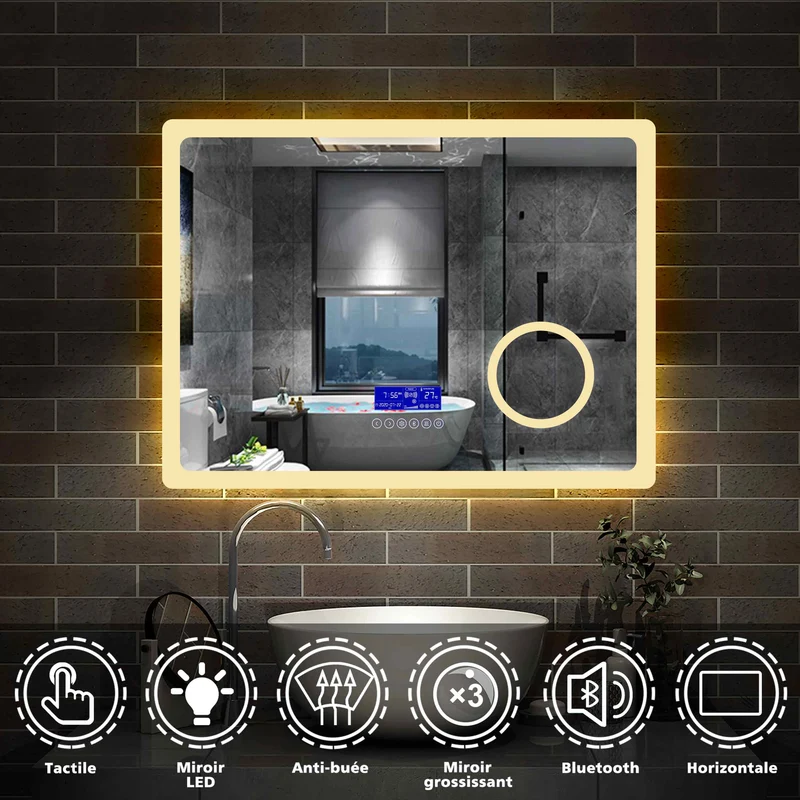 Miroir multifonctionnel avec 2 couleur LED réglable + antibuée +Bluetooth + Miroir grossissant