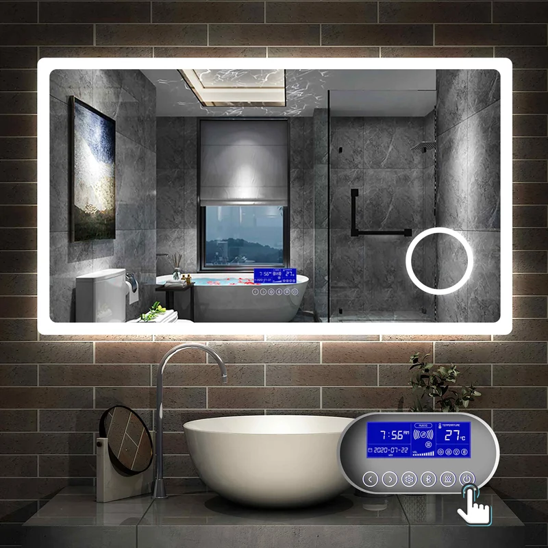 Miroir multifonctionnel avec 2 couleur LED réglable + antibuée +Bluetooth + Miroir grossissant