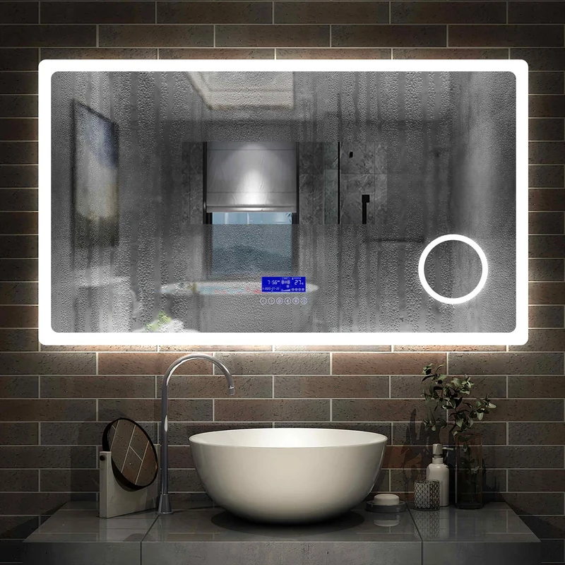 Miroir multifonctionnel avec 2 couleur LED réglable + antibuée +Bluetooth + Miroir grossissant