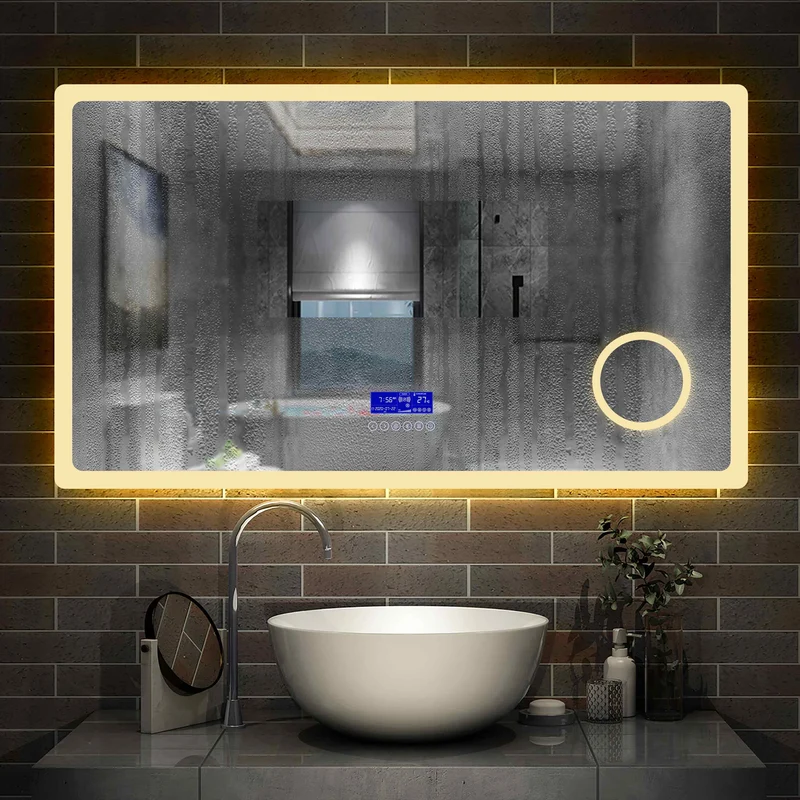 Miroir multifonctionnel avec 2 couleur LED réglable + antibuée +Bluetooth + Miroir grossissant