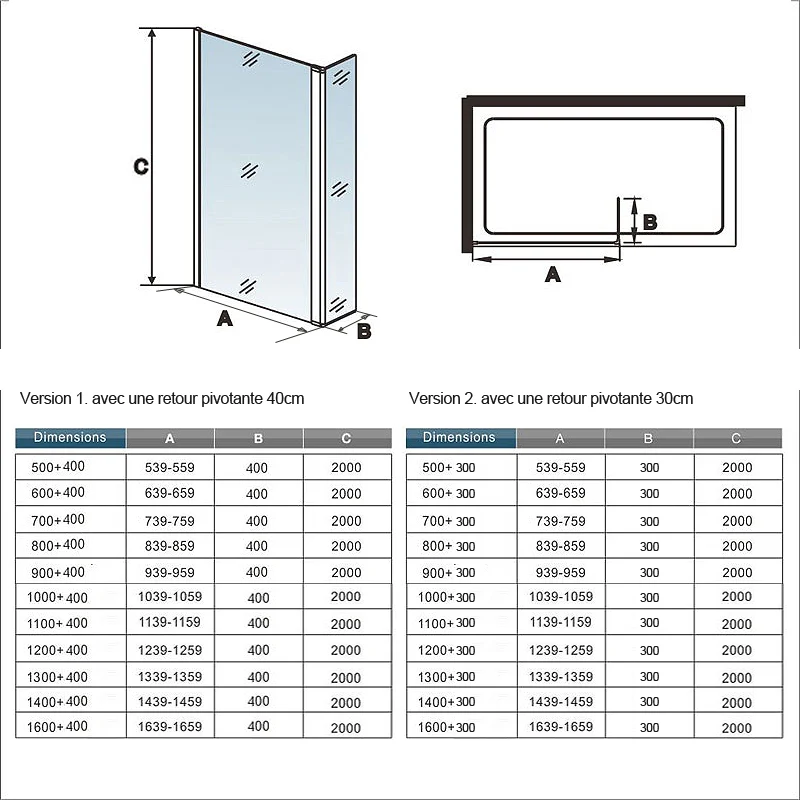 paroi de douche 50-160cm paroi de douche à l'italienne avec un retour pivotant 30/40cm en 8mm verre anticalcaire avec une barre de stabilisation 90cm